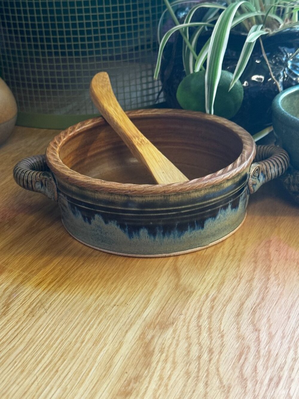 Stoneware Studio Art Pottery Brie Baker Dish with Wooden Knife